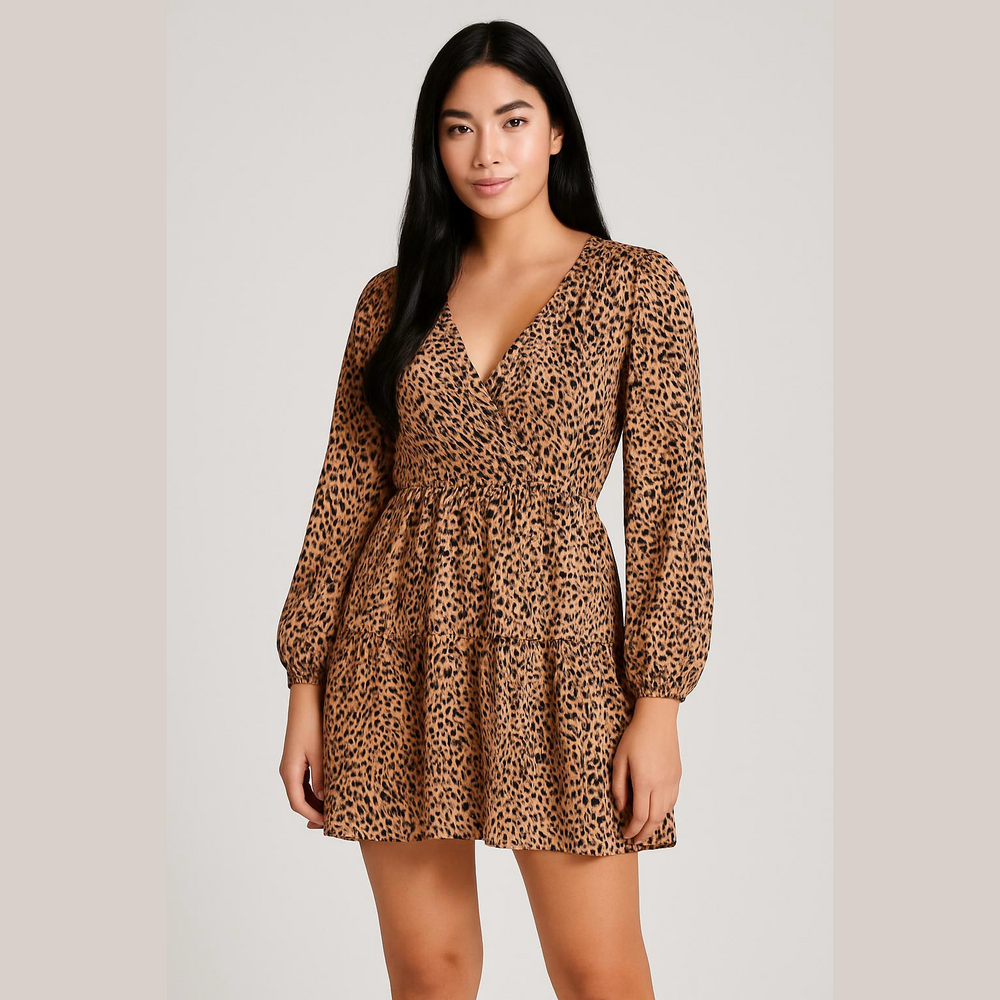 Mittoshop • Women’s Beige and Black Leopard Print V-Neck Balloon Sleeve Dress